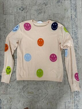 THML Cream Crewneck Sweater with Multicolor Smiley Faces